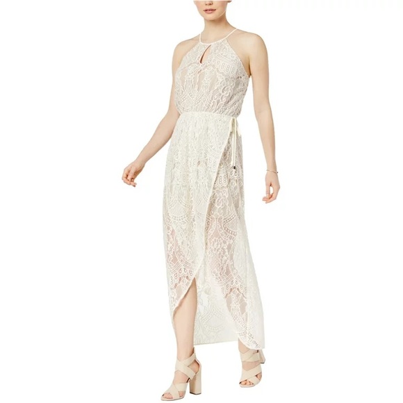 Bar III Women’s Two Tone White Ivory Cream Lace Overlay A-Line Wrap Maxi Dress - Picture 1 of 15